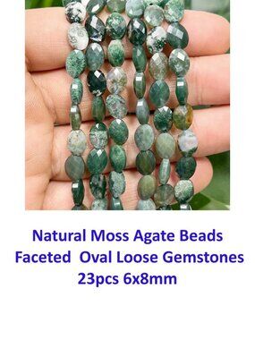 Natural Moss Agate Beads  Faceted  Oval Loose Gemstones 23pcs 6x8mm